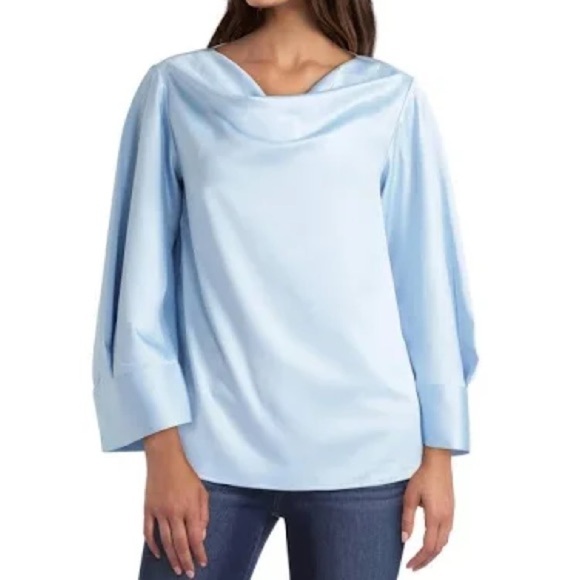 H by Halston Tops - H Halston Glacier Blue Draped Neck Blouse Size XS Statement